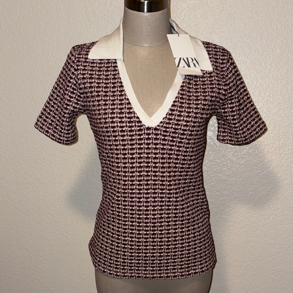 ZARA Burgundy Knit Polo with Cream Collar